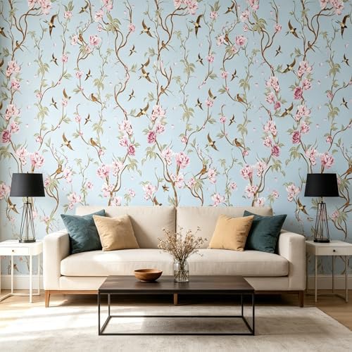 Peel and Stick Wallpaper Light Blue Vintage Floral & Birds Self Adhesive - Image 5