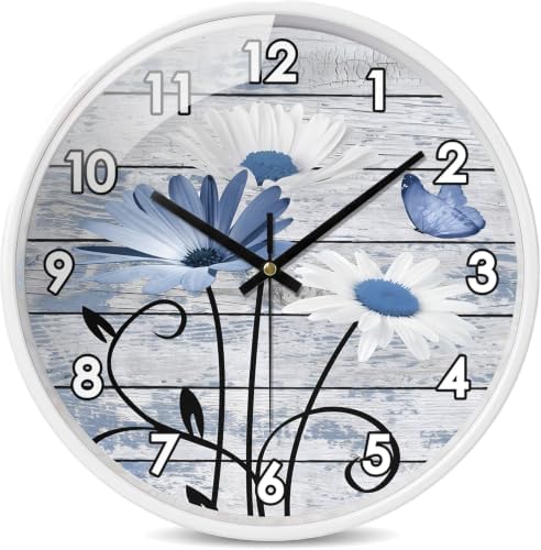 Rustic Wood Board Daisy Butterfly Blue and White wall clock Silent Non Ticking by Unknown