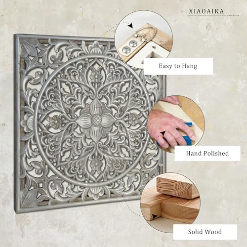 XIAOAIKA Boho Carved Wood Wall Art Panel, Floral Mandala, Distressed Silver - Image 4