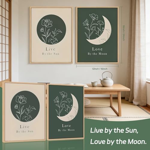 KBCXOY Sage Green Boho Sun and Moon Wall Art Bedroom Moon Phase Prints - Image 5