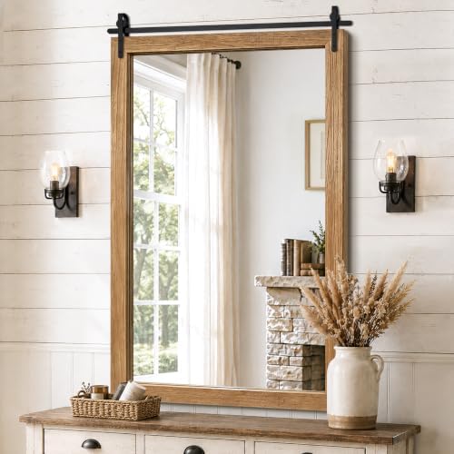 Farmhouse Bathroom Vanity Mirror, 48”x 30” Wood Barn Door Mirror, Light Brown by LawadaMirror