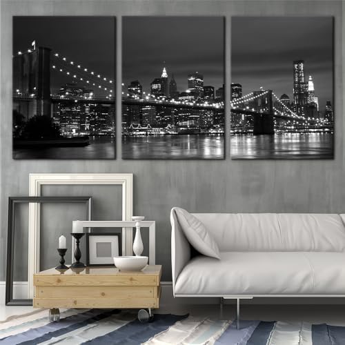 Pacimo New York Brooklyn Bridge Canvas Wall Art 3 Panels Night View Modern - Image 2