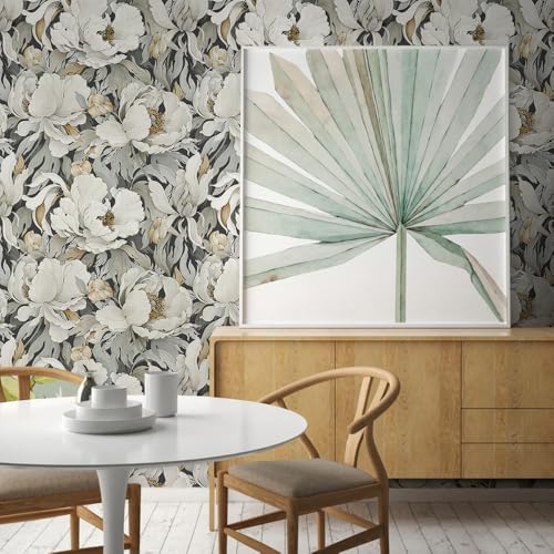Modern Dark Grey White Poppy Floral Peony Flowers Peel and Stick Wallpaper Wall - Image 6