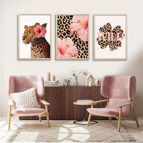 Trendy Leopard Wall Art Pink Cheetah Print Room Decor Leopard Flower Canvas - Image 3