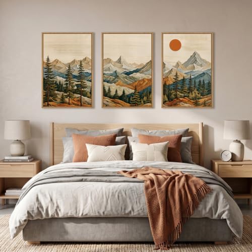 Boho Mountain Framed Canvas Wall Art Set, Woodcut Pine Tree Wall Decor - Image 4