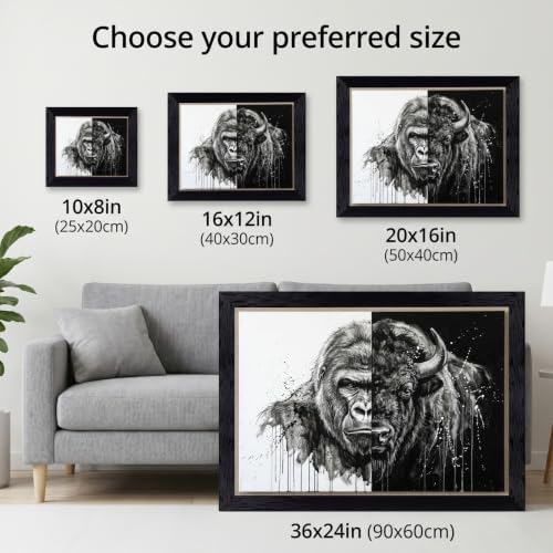 Framed Canvas Wall Art Monochromatic Mixed Media Gorilla and Bison Split View - Image 3