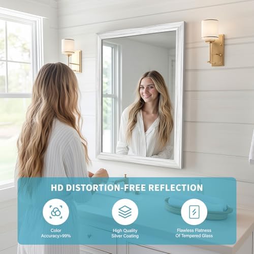 White Wood Effect Framed Wall Mirror, 24x32 Rectangle Mirror - Image 3