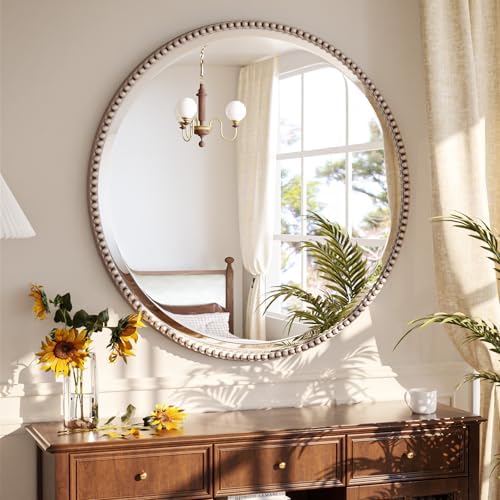 24'' Round Bathroom Mirror, Beaded Circle Decorative Wall Mirror - Image 2