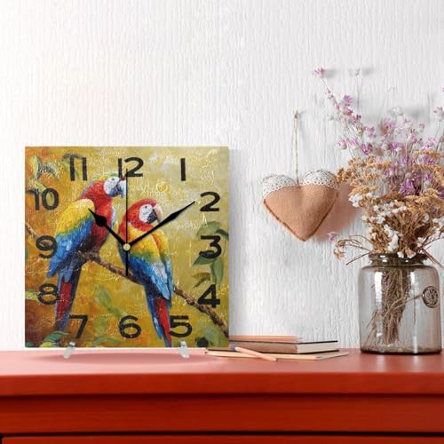 8 Inch Square Wall Clock, Retro Branch Two Parrots Painting Battery Operated - Image 4