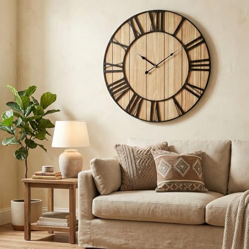 EMAX HOME Large Farmhouse Wall Clock 24 Inch Vintage Brown Wooden Wall Clock - Image 2