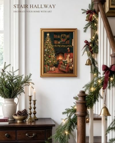 VIYYIEA Gold Framed Winter Christmas Canvas Wall Art, Cozy Christmas Bunny - Image 5