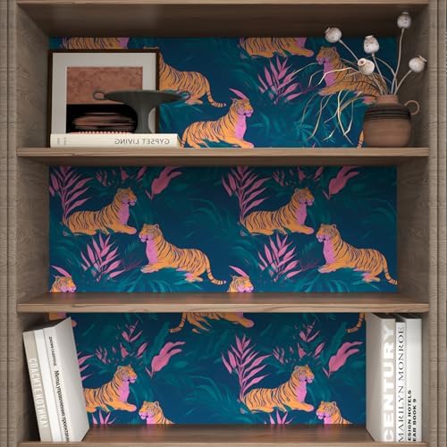 BOKEBEVE Tropical Tiger Wallpaper Peel and Stick Green Pink 17.5 x 118In - Image 4