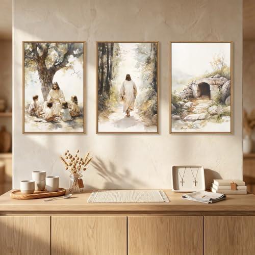 Large Jesus Teaching Children on Path Framed Canvas Wall Art, Empty Tomb - Image 2