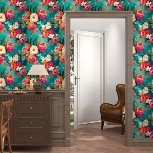 BOKEBEVE Floral Wallpaper Peel and Stick Boho Teal Blue 17.5 x 118In - Image 2
