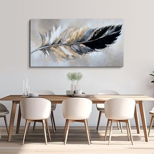 YISXINOAG Black Gold Abstract Wall Art Minimalist Feather Canvas 24"X48" - Image 4