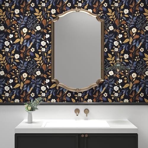 BOKEBEVE Floral Wallpaper Peel and Stick Vintage Blue Gold 17.5 x 393.5In - Image 4
