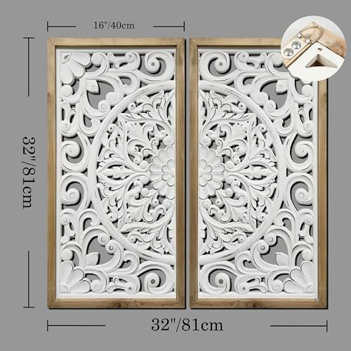 XIAOAIKA Rustic Wood Frame Wall Art Set of 2, Floral Scroll Carved Panels - Image 2