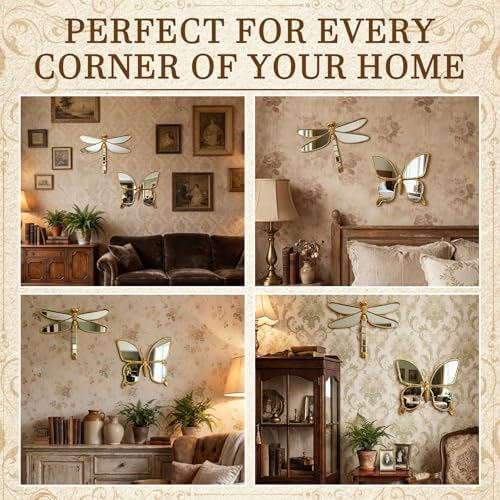 Sliner 2 Pcs Gold Dragonfly & Butterfly Mirror Wall Decor, Insect Wall Art - Image 6