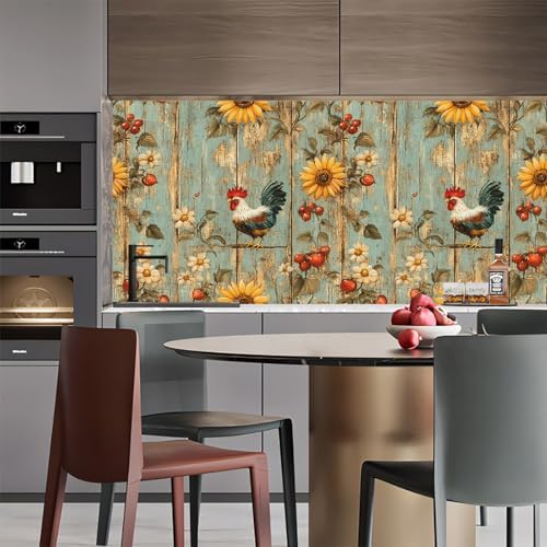 Sunflowers Rooster Peel and Stick Wallpaper 17.3"x78.7" Wood Vintage Non-Woven - Image 5