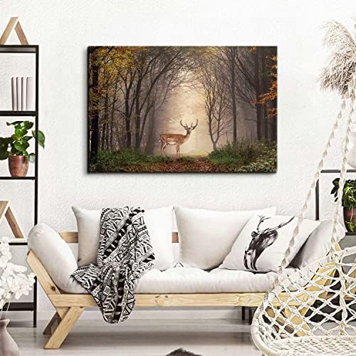 Wild Animal Landscape Canvas Wall Art Deer in Autumn Foggy Forest Picture Wall - Image 3