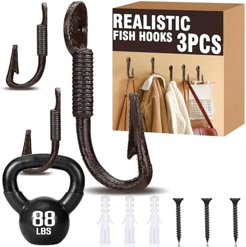 Duraaamo 3 Pcs Realistic Fish Hooks Cast Iron Wall Hook Rustic Wall Hanger by Duraaamo