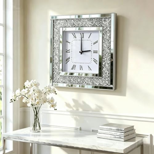 DMDFIRST Silver Square Mirror Clock 20x20inches Crystal Sparkle Twinkle Bling by DMDFIRST