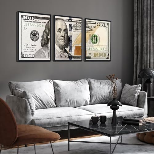 Black Framed Vintage Canvas Wall Art Benjamin Franklin 100 Dollar Money - Image 2