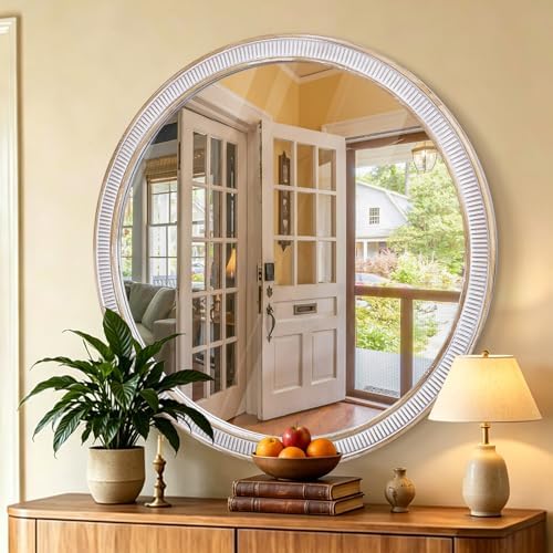 30 Inch Wooden Round Mirror for Wall Decor, Rustic Distressed Mirrors - Image 2