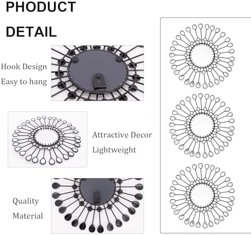 Black Mirrors 3 Piece, Sunburst Mirror Hanging Wall Decor, 9inch indoor Adorn - Image 2