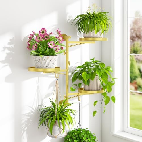 iDavosic.ly Wall Plant Holder, Rotating Floating Window Shelf, 3-Tier Gold by iDavosicly