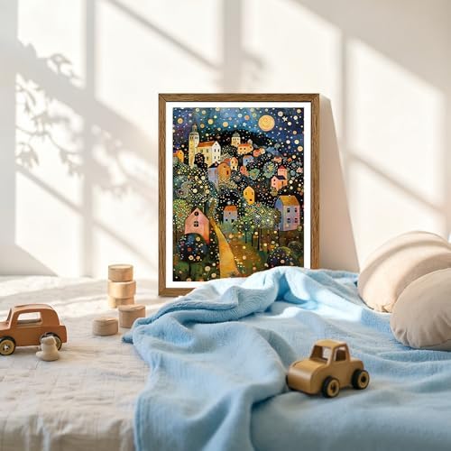 AVECCO Gustav Klimt Style Village Night Wall Art Framed Canvas 8x10 Inch - Image 5
