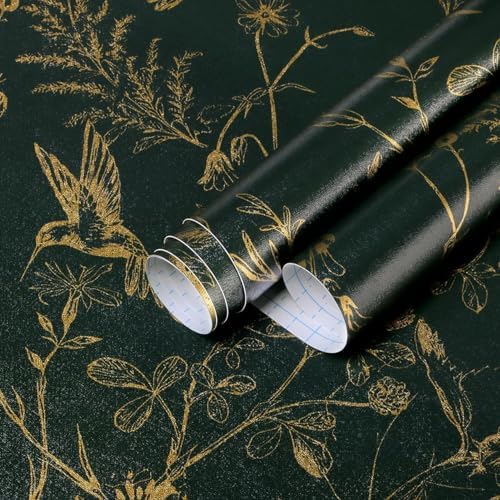 Safiyya Blackish Dark Green and Gold Wallpaper Floral Bird Peel and Stick by SAFIYYA