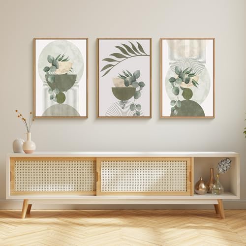 FWIEXA Sage Green Plant Canvas Wall Art Set 3, Abstract Geometric Line - Image 2