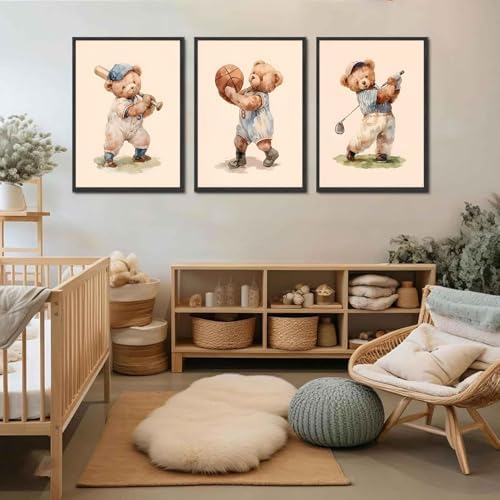 Teddy Bear Sports Nursery Animal Wall Art Cute Woodland Rugby Wall Decor - Image 3