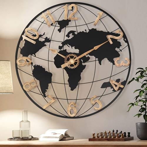 Pytha Sight 24 Inch Large World Map Vintage Gold Arabic Numerals Wall Clock by Pytha+Sight
