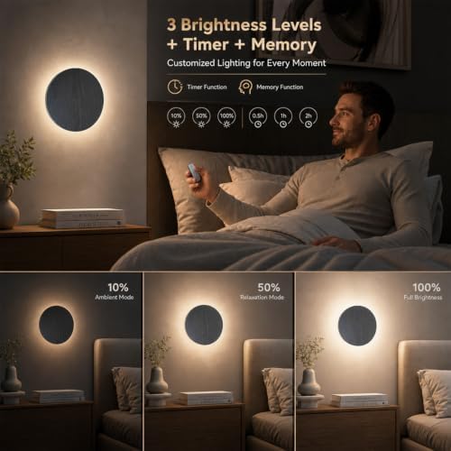 BIMO Round Black Wood Grain Wall Sconce, Modern LED Wall Lights - Image 4