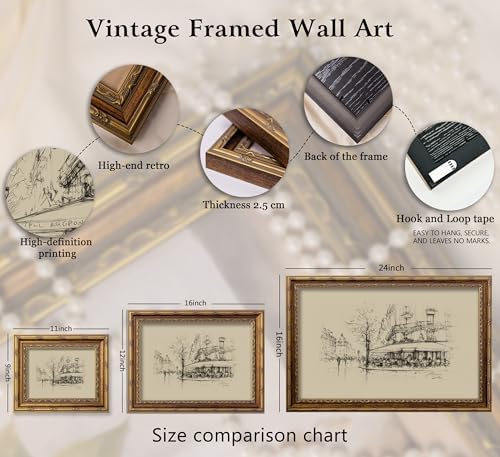 Vintage Gold Framed Black and White Sketch Wall Art French Cafe Sketch Canvas - Image 6