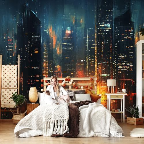 Teal Orange 3D Wall Mural Wallpaper Neon City At Night Cyberpunk Dramatic Style - Image 3