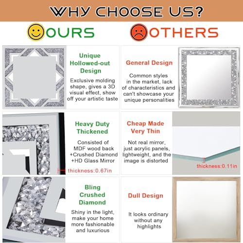 Square Hollow Crushed Diamond Decorative Mirror, 20”x20” Silver Crushed Diamond - Image 6