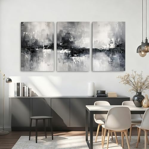 AVECCO Triptych Abstract Black White Gray Wrapped Canvas Wall Art 20x30 In - Image 5