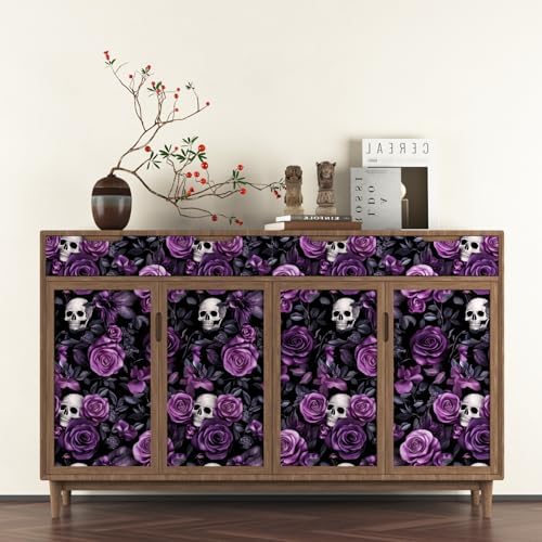 Laatse Gothic Dark Purple Skull Floral Wallpaper Peel and Stick 17.5"x787" - Image 3