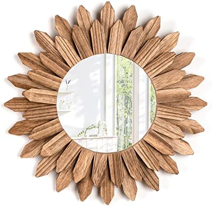 Emfogo Wall Mirror 12 inch Rustic Wood Sunburst Boho Mirror Wall Decor Home by Emfogo