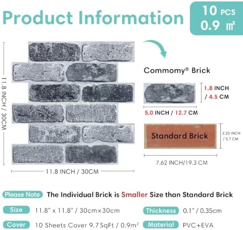 Commomy 3D Faux Brick Peel and Stick 10 pcs 11.8" x 11.8" - Image 4