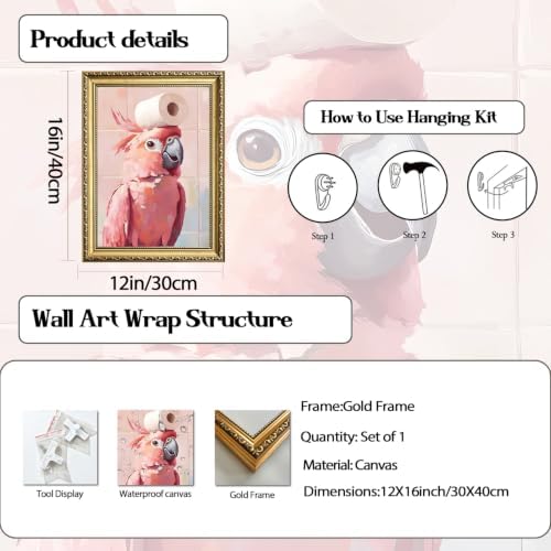 Funny Pink Cockatoo Bathroom Wall Art, Cute Bird Toilet Paper Wall Decor - Image 3