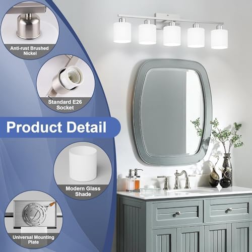 Bathroom Lights Over Mirror Brushed Nickel, Anti-Rust 5-Light Bathroom Vanity - Image 2