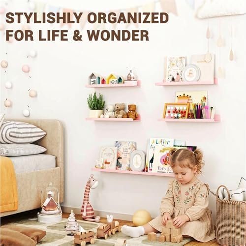 Qukaka 15" Floating Shelves for Wall, 3 Pack Pink Display Ledges - Image 5