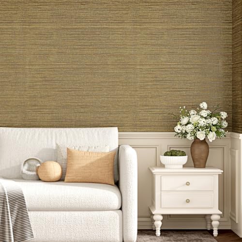Gold Brown Peel and Stick Grasscloth Wallpaper Textured Wallpaper 15.7×80" by Yullpaper