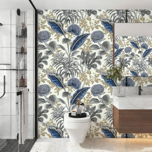 Chinese Blue Tropical Floral Peel and Stick Wallpaper Self Adhesive 17.72" x - Image 3