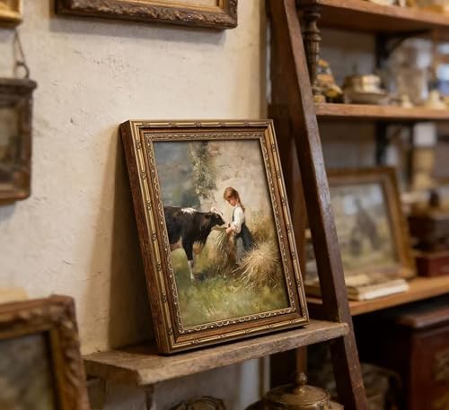Vintage Gold Framed Farmhouse Canvas Wall Art, Retro Rustic Girl Feeding Cow - Image 6