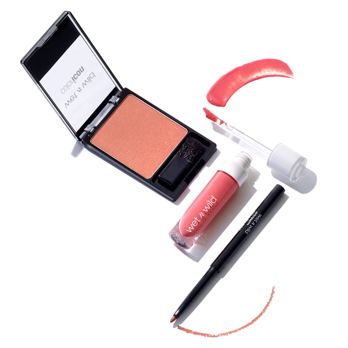 wet n wild Edit Makeup Set Peaches And Cream MegaLast Liquid Catsuit Peach Style, Color Icon Blush Pearlescent Pink, Perfect Pout Gel Lip Liner Think Flamingo